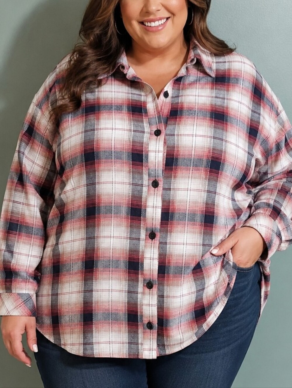 Lee Plaid Fleece Lined Button-Up Shirt in Navy, Red & Cream